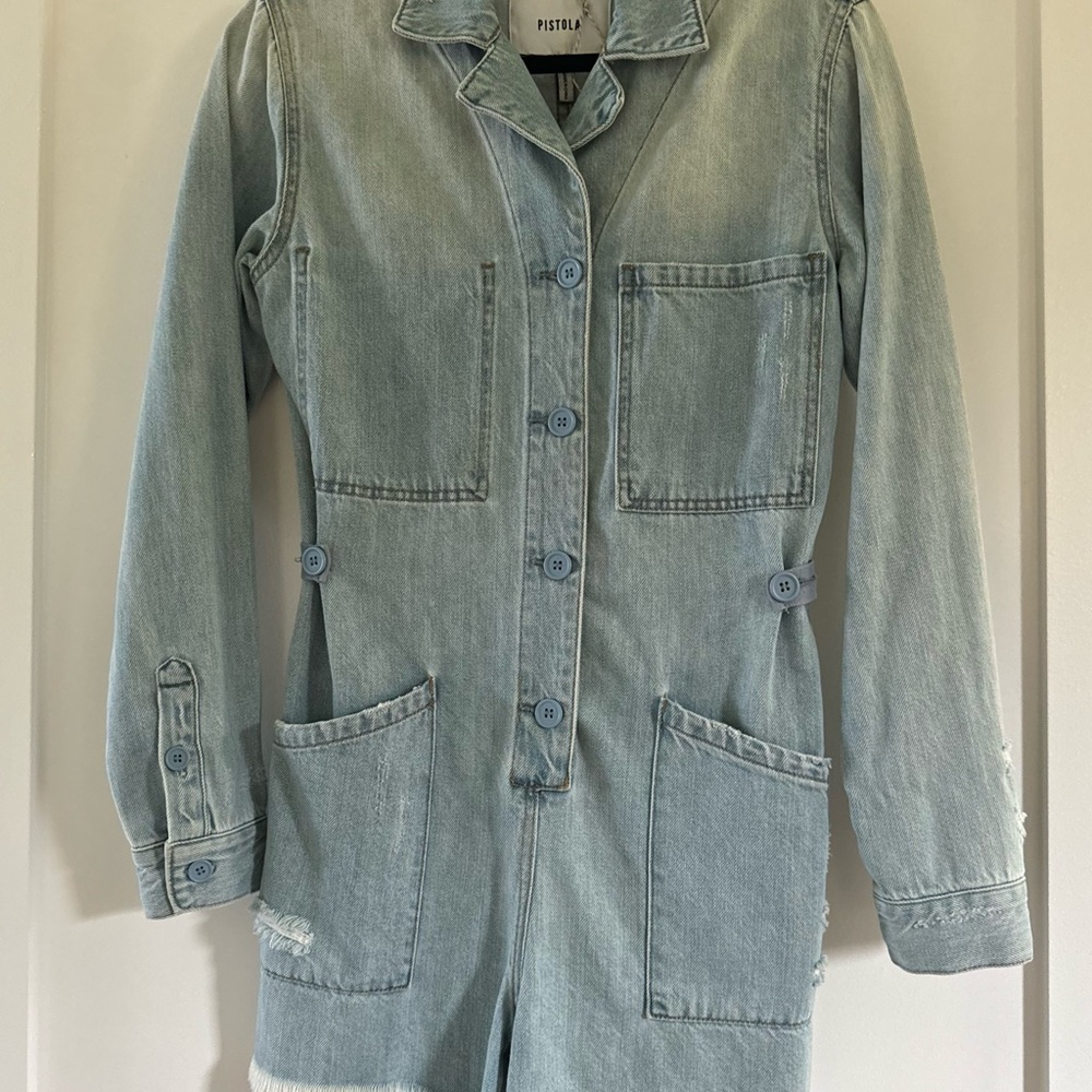 Pistola Light Blue Denim Romper with Button Accents